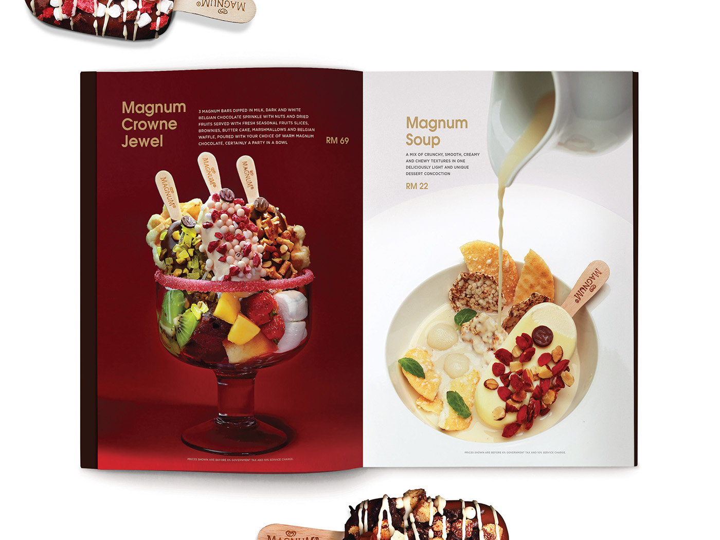 Magnum Pleasure Store menu design inner page layout design with beautiful food styling and photography of Magnum Crowne Jewel and Magnum Soup.