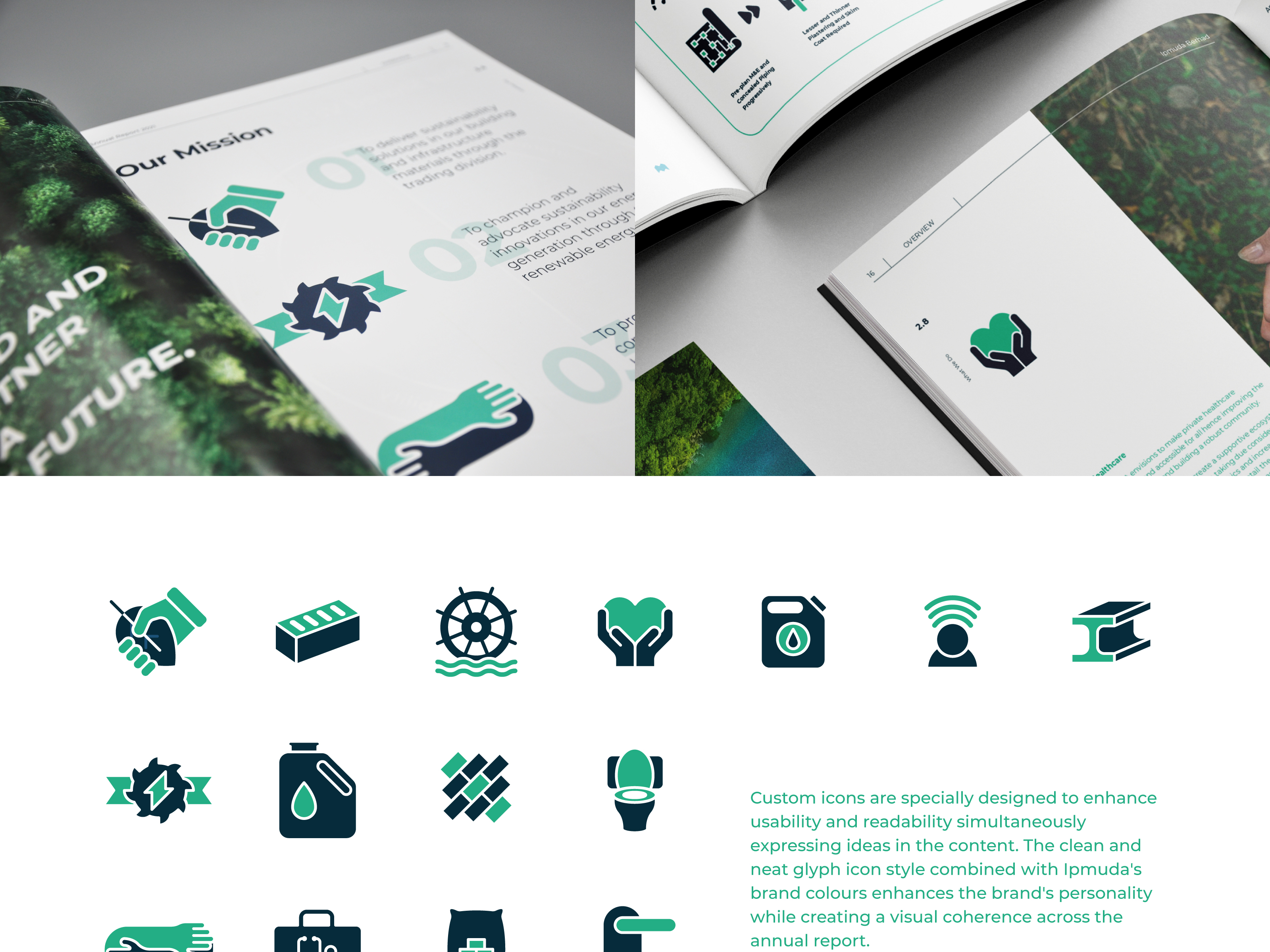 Ipmuda Berhad 2021 annual report art direction with icons design to assist in information organization and quick visual cues
