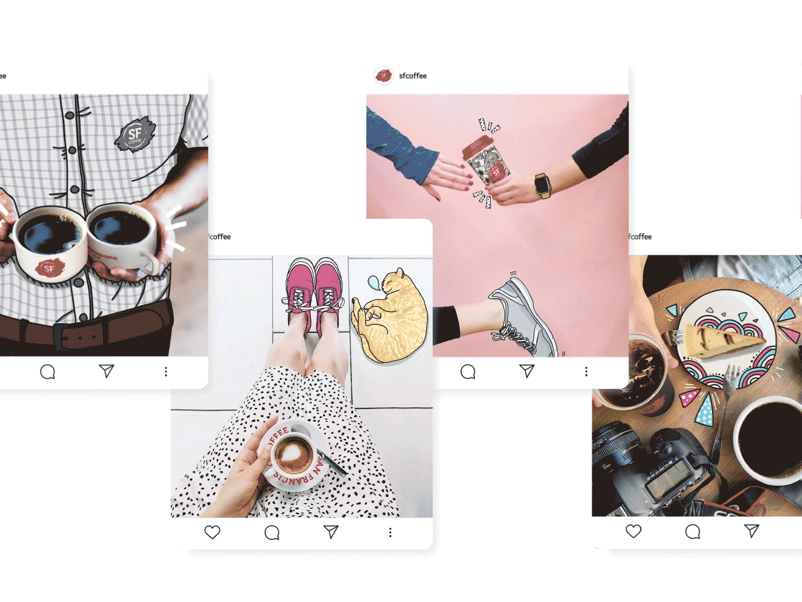 San Francisco Coffee social media management post designs with a mix of real images and doodle like illustration that reflects the brand image