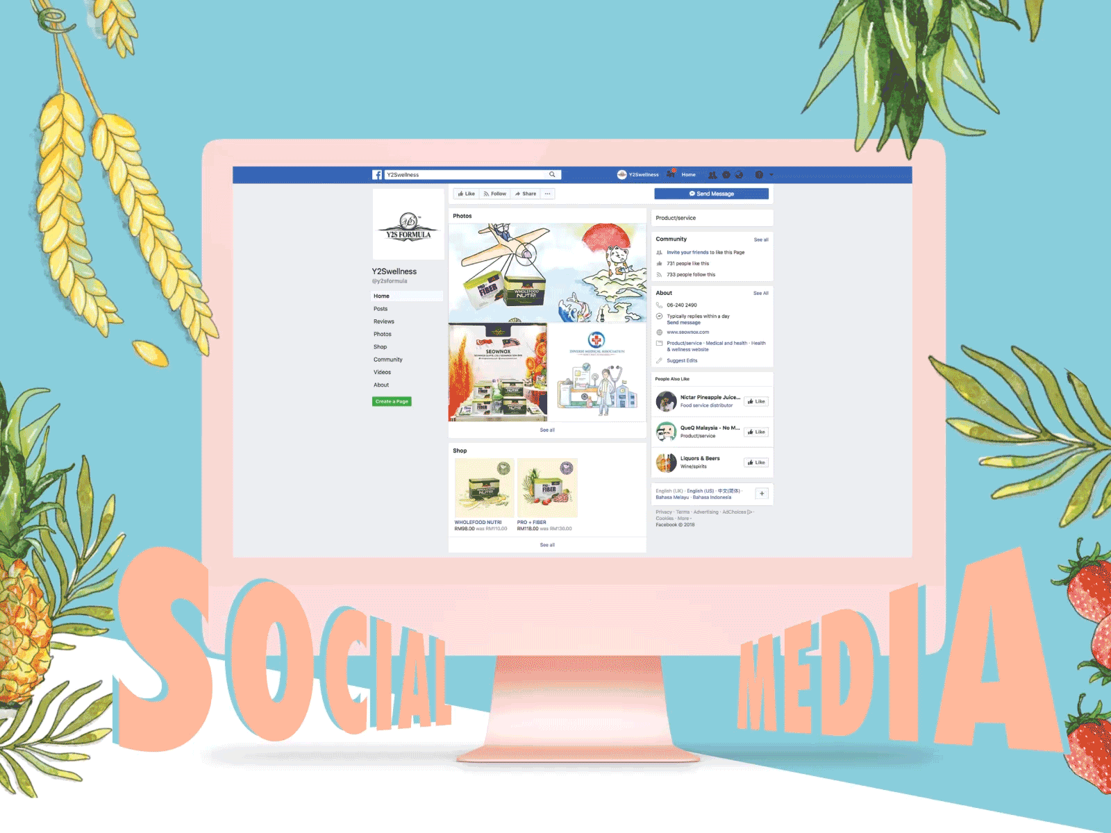 Y2S Wellness social media management post illustration featured on Facebook viewed on a desktop with surrounding illustration of wheat and fruits