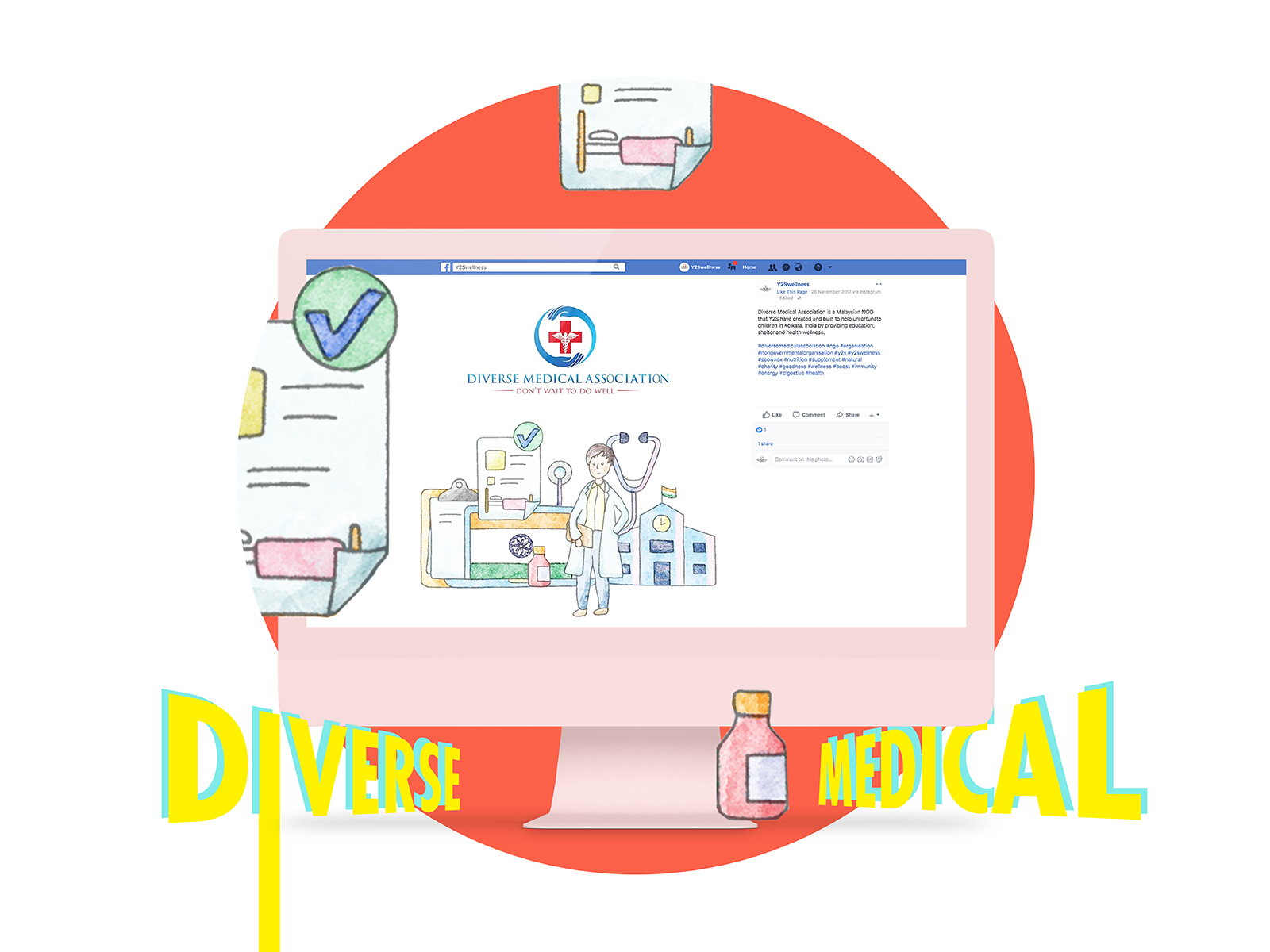Y2S Wellness social media management post illustration of their affiliation with Diverse Medical Association featured on Facebook viewed on a desktop with a round red element behind it