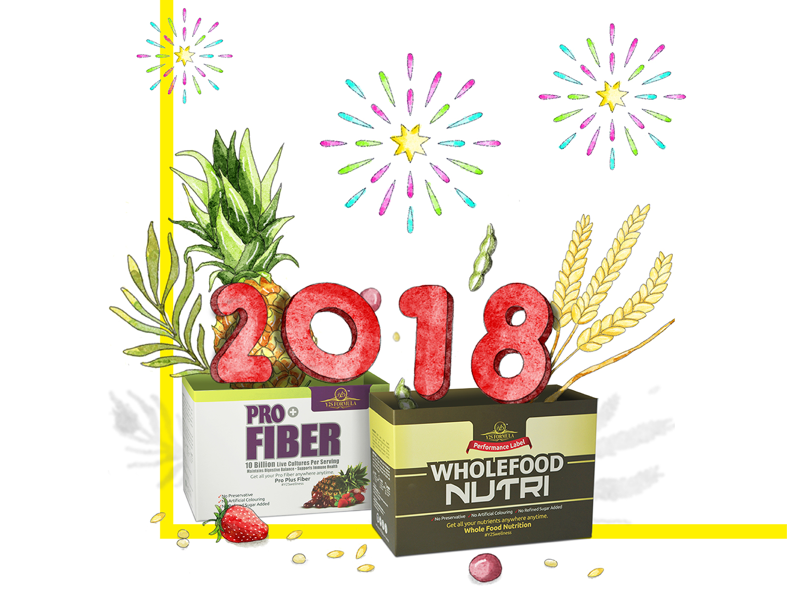 Y2S Wellness social media management post illustration of new year celebration with real product images accompanied by fruits, wheats and fireworks illustration.