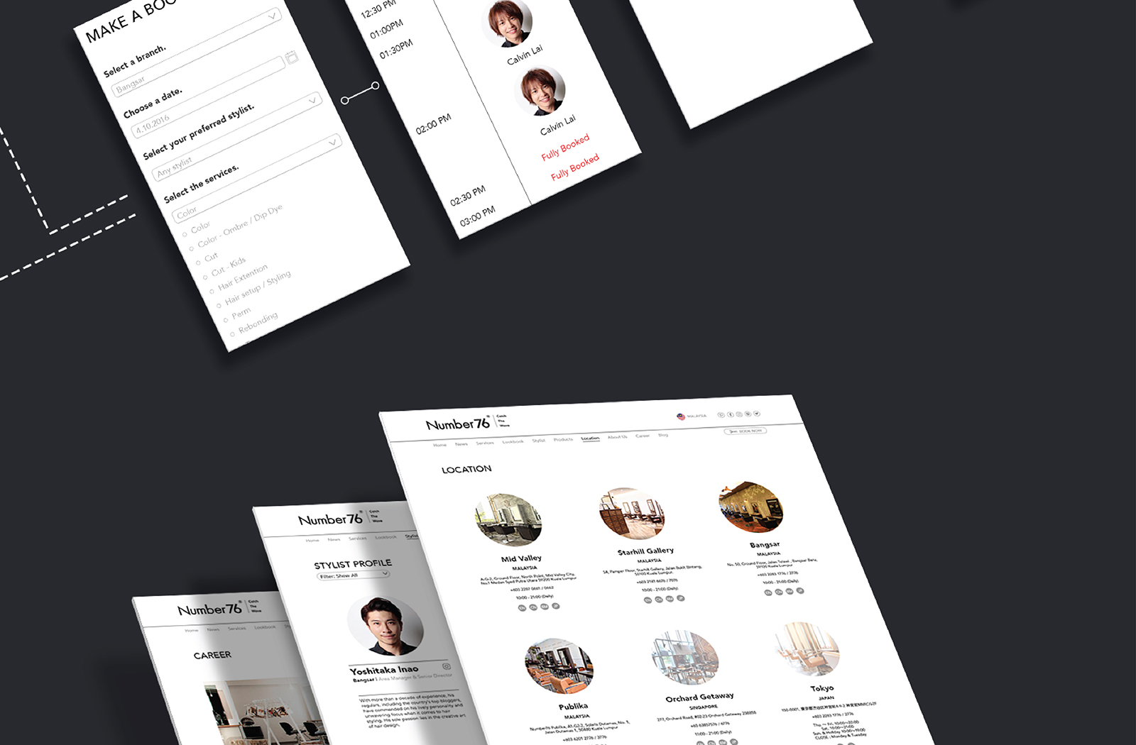 Number76 website user interface and user experience mobile responsive design with new online booking system allowing users to set an appointment at their regular store and stylist more conveniently together with pages showing stylist and location